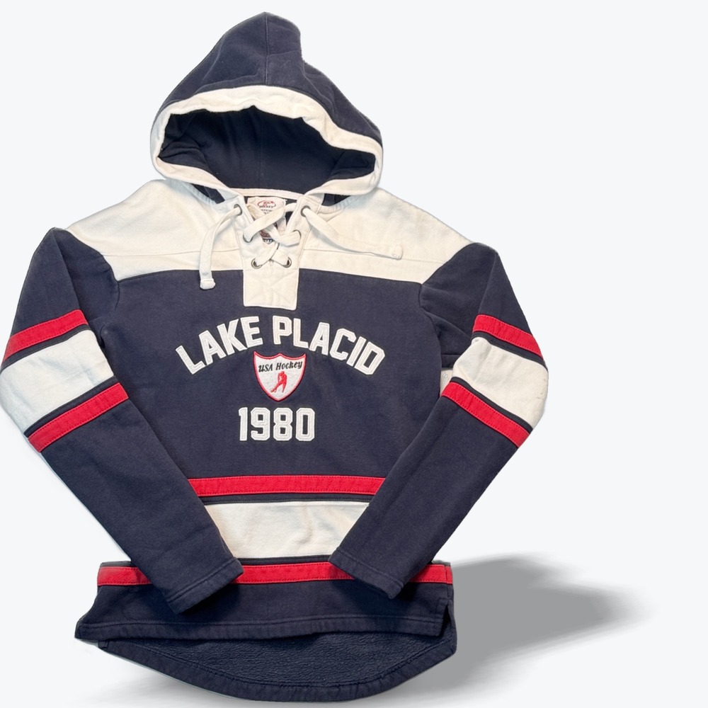 USA Hockey Lake Placid 1980 Lace Up Hoodie Miracle on Ice Youth Small Navy Red